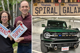 Photo collage: One photo shows Amy Finkelstein and Ben Olken holding Massachusetts "SUPPLY" and "DEMAND" plates. Virginia license plates on a bookshelf read “SPIRAL” and “GALAXY.” SUV has "TAXCO 2" plate.